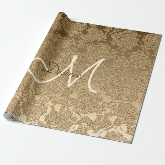 Papier Cadeau Élégant Monogramme Or Moderne Girly Floral (Déroulé)