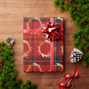 Papier Cadeau Élégant Motif de couronnes de Noël Gold & Plaid