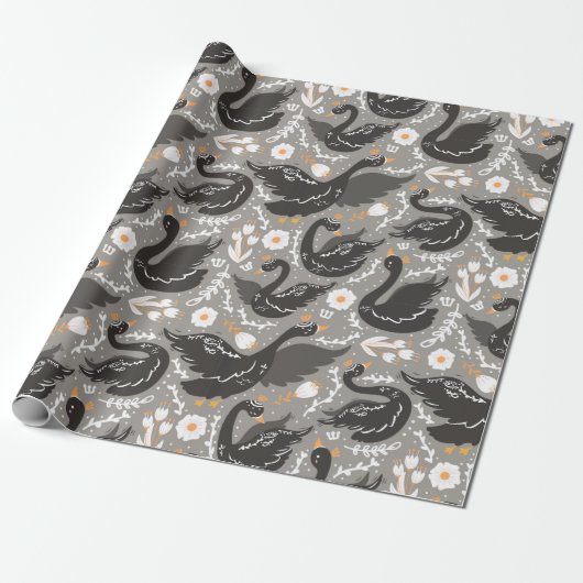 Papier Cadeau Élégant Motif de cygne noir floral (Déroulé)