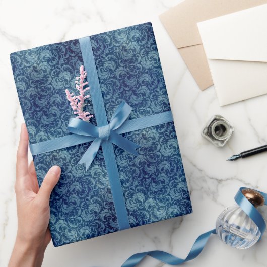 Papier Cadeau Elégant motif de Damas Vintage bleu (Cadeaux)