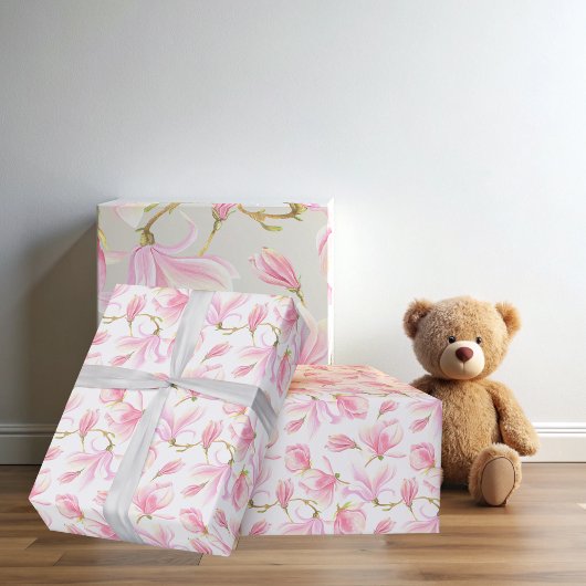 Papier Cadeau Élégant motif de fleur de magnolia rose à l'aquare