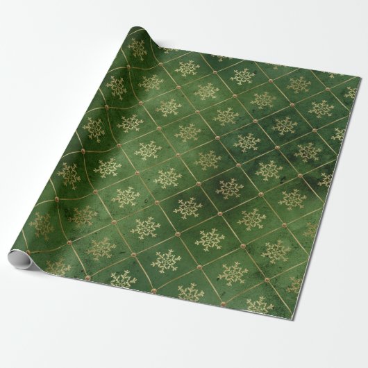 Papier Cadeau Élégant motif de flocon de Noël vert et or (Déroulé)