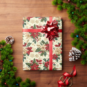 Papier Cadeau Élégant Motif De Noël De Poinsettias & Holly