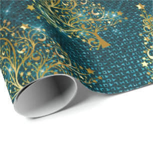 Papier Cadeau Élégant Motif de Noël Gold & Blue Parties scint