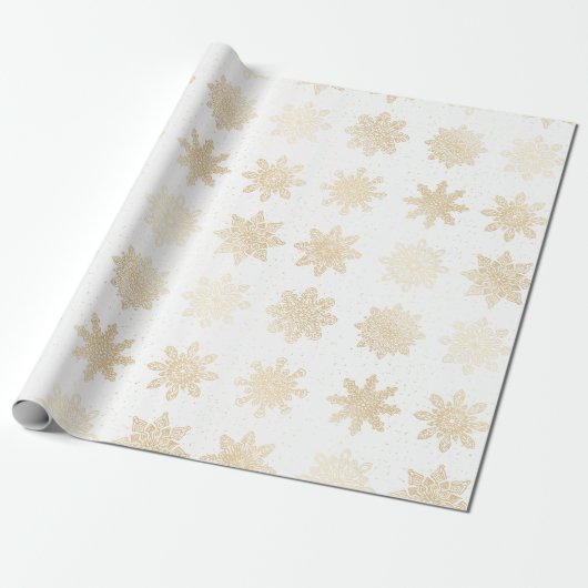 Papier Cadeau Élégant Motif de Noël Gold & White Snowflake (Déroulé)