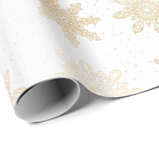 Papier Cadeau Élégant Motif de Noël Gold & White Snowflake (Coin rond)