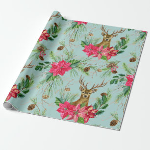 Papier Cadeau Élégant motif de poinsettia et de renne de Noël Wr