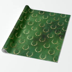 Papier Cadeau Élégant motif de rennes de Noël vert et or