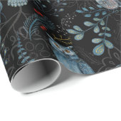 Papier Cadeau Élégant Motif D'Oiseaux Bleus, Plantes De Foncé (Coin rond)