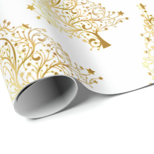 Papier Cadeau Élégant Motif d'or et d'arbre de Noël blanc