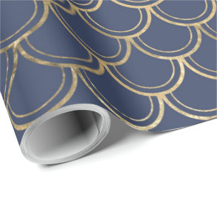 Papier Cadeau Élégant motif écailles de poisson sirène bleu or