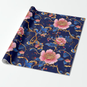Papier Cadeau Élégant motif floral rose bleu