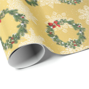 Papier Cadeau Élégant Motif Gold Christmas Wreath & Snowflake