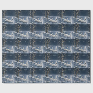 Papier Cadeau Élégant Noël Cygne Hiver, Scène de Lac Romantique