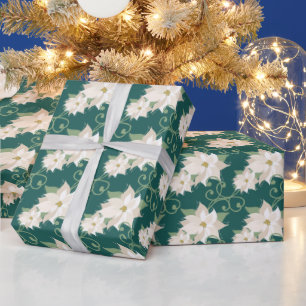 Papier Cadeau Élégant Noël de la Poinsettie Blanche Turquoise