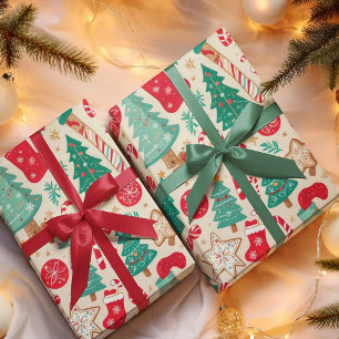 Papier Cadeau Élégant Noël Éléments traditionnels Motif