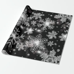 Papier Cadeau Élégant Noël noir blanc argent flocons de neige