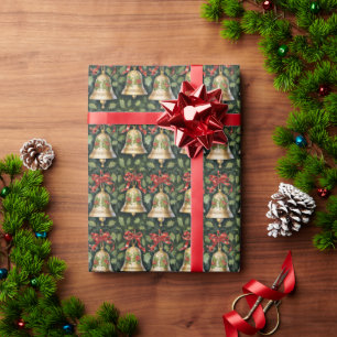 Papier Cadeau Élégant Noël Or cloches Bow rouge, Green Holly