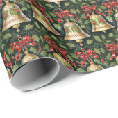 Papier Cadeau Élégant Noël Or cloches Bow rouge, Green Holly (Coin rond)