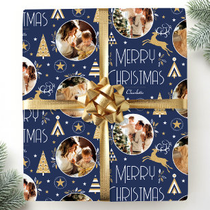 Papier Cadeau Élégant Noël Reindeer Photo Minuit Bleu