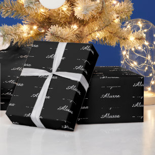Papier Cadeau Elégant noir blanc nom de script personnalisé Anni