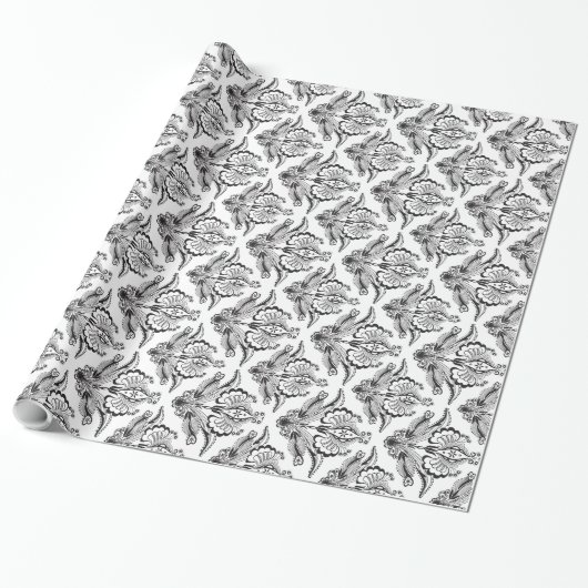 Papier Cadeau Elégant noir & blanc Ornate Floral Damas (Déroulé)