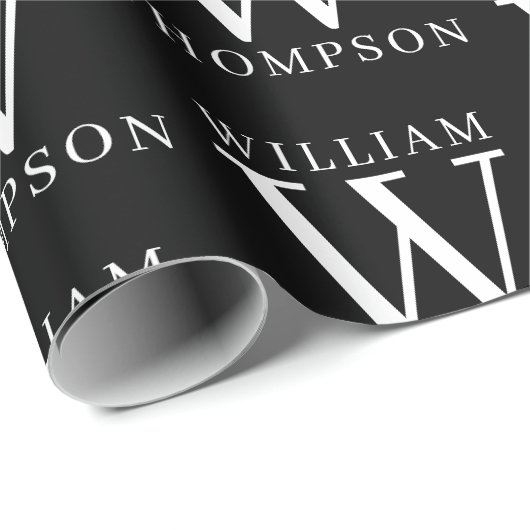 Papier Cadeau Élégant noir et blanc Nom monogramme initial (Coin rond)