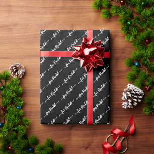 Papier Cadeau Élégant Noir Nom Balise Cursive Script Noël