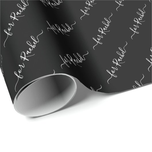 Papier Cadeau Élégant Noir Nom Balise Cursive Script Noël (Coin rond)
