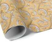 Papier Cadeau Elégant or et Argent Scroll Damask (Coin rond)