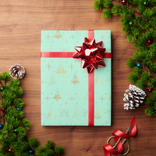 Papier Cadeau Elégant or et Menthe vert sapin de Noël Doodles