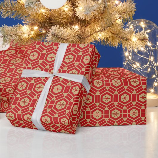 Papier Cadeau Elégant or et rouge géométrique motif hexagonal (Vacances)
