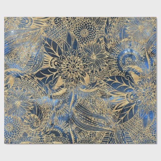 Papier Cadeau Elégant or Mandala Fleurs Bleu Nebula (Plat)