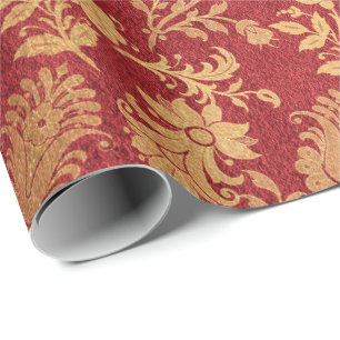 Papier Cadeau Elégant or rouge rouge damassé motif floral