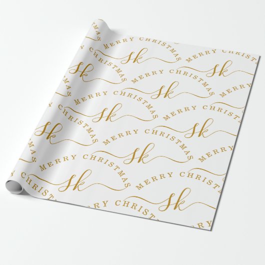 Papier Cadeau Élégant or Script Nom Monogramme Joyeux Noël (Déroulé)