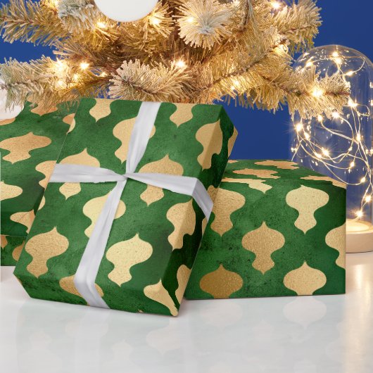 Papier Cadeau Élégant or vert ornements de Noël motif (Vacances)