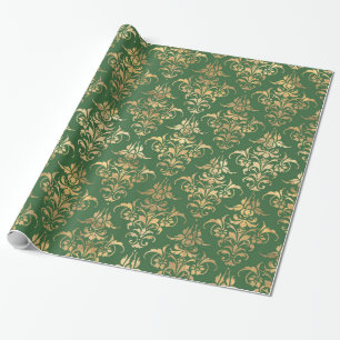 Papier Cadeau Élégant or vert royal damask motif floral
