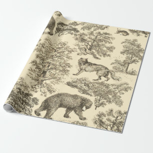 Papier Cadeau Elégant Ours Vintage Arbres Beige Toile sans joint