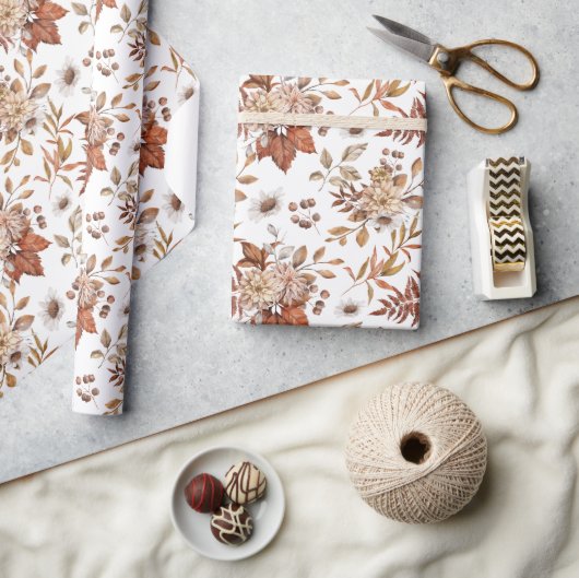 Papier Cadeau Élégant papier d'emballage floral automne en terre (Artisanat)