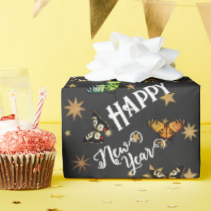 Papier Cadeau Élégant Papillons Vintages et étoiles Bonne année
