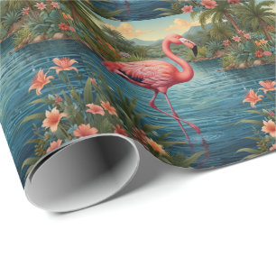 Papier Cadeau Élégant paradis tropical flamand rose