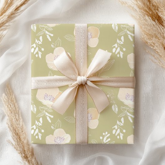 Papier Cadeau Élégant Pastel Vert Olive Rose Floral