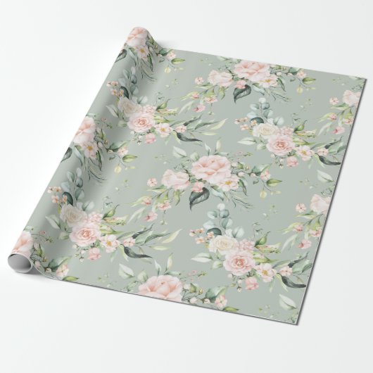Papier Cadeau Elegant Pink Blush Eucalyptus Sage Green  (Déroulé)