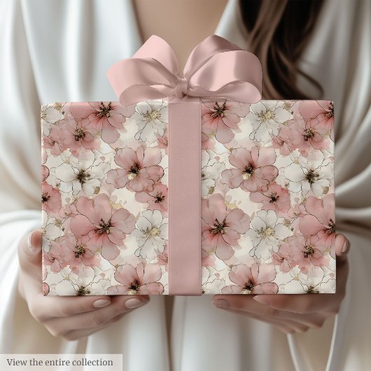 Papier Cadeau Elegant pink flowers and gold birthday paper wrap