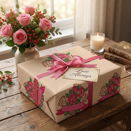 Papier Cadeau Elegant Pink Rose Floral Bouquet