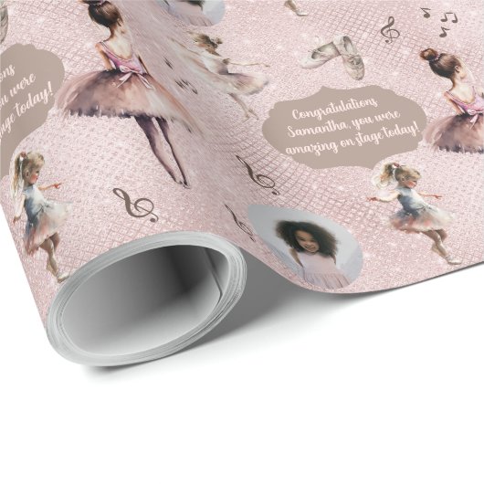 Papier Cadeau Elégant Pink Silver Nom Texte Photo Ballet Tutu (Coin rond)