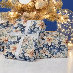 Papier Cadeau Élégant poinsettia et neige aquarelle crème d'hive