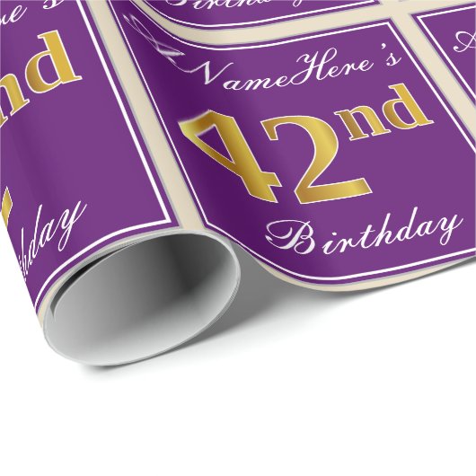 Papier Cadeau Elégant, pourpre, Faux Gold 42e anniversaire + Nom (Coin rond)