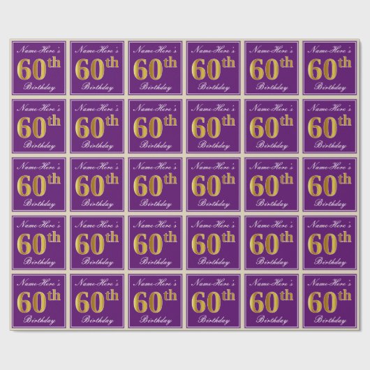 Papier Cadeau Elégant, pourpre, Faux Gold 60e anniversaire + Nom (Plat)