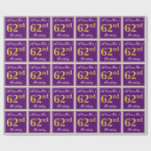 Papier Cadeau Elégant, pourpre, Faux Gold 62e anniversaire + Nom (Plat)